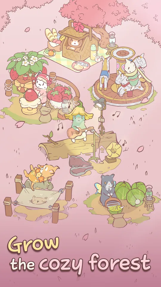 Captura do Cats & Soup: a floresta cor-de-rosa com vários gatos a cozinhar em bancadas.
