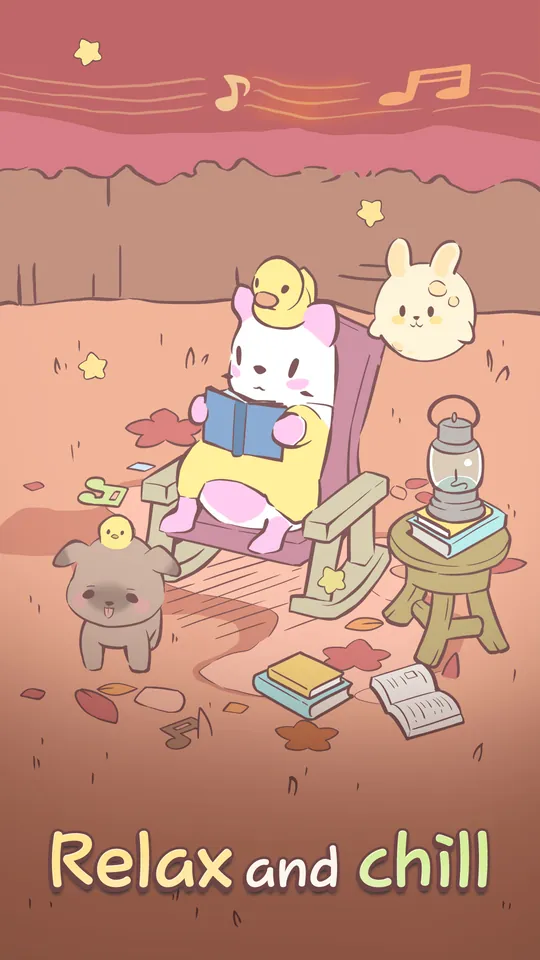 Captura do Cats & Soup: um gato a descansar numa cadeira ao anoitecer, com notas musicais a pairar.