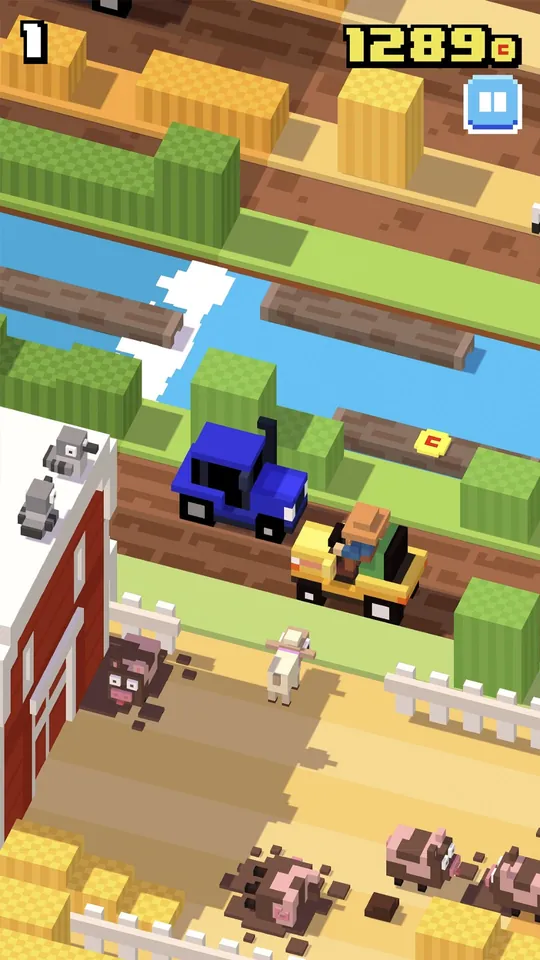 Captura do Crossy Road: cenário de quinta com tratores, fardos de palha e uma pontuação de 1289.