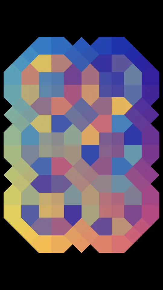 Captura do I Love Hue Too: nível de mosaicos azuis e alaranjados a meio da resolução.