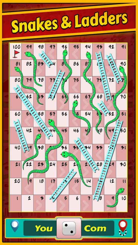 Captura do Ludo King: o modo Cobras e Escadas, com o tabuleiro numerado até cem.